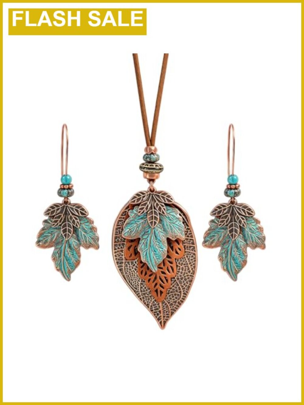 Bohemian Wood Leather Necklace Set with Leaf Pendant and Earrings